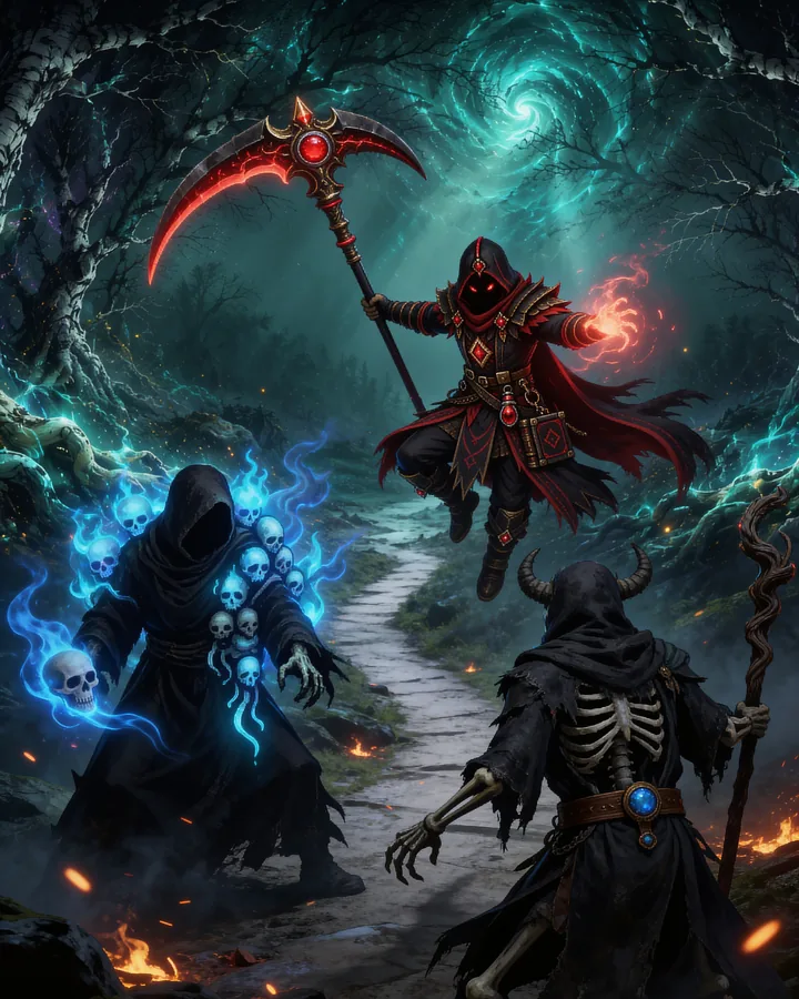Gravewisp key art — a hooded reaper with a glowing scythe leaps above undead in a mint-lit forest path