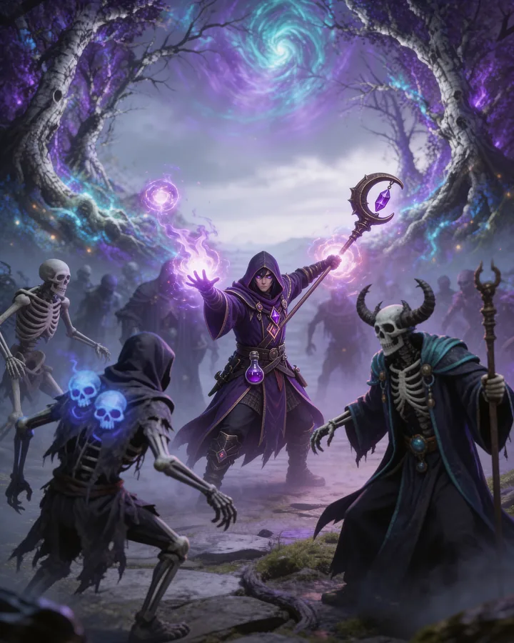 Gravewisp key art — a purple-robed caster channels violet magic against skeletons beneath a swirling rift