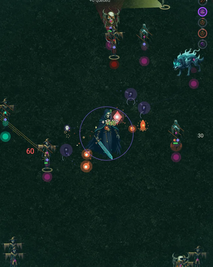 Gravewisp gameplay — a hooded reaper surrounded by the swarm, spells and essence orbs in the Wraithwood