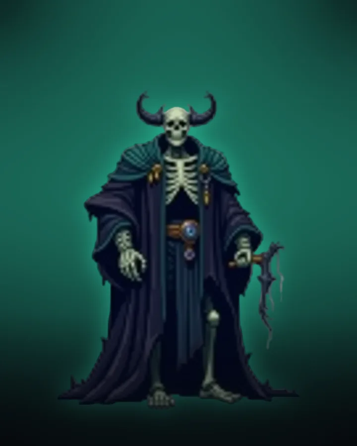The Hollow Father — a towering skeletal figure lit by pale mint light