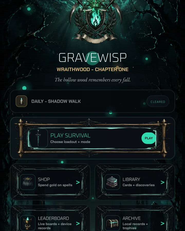 Gravewisp home hub — Play Survival, Shop, Library, Leaderboard, and Archive under the Wraithwood crest