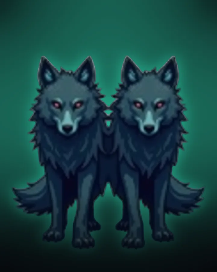The Twin Wolves — paired spectral wolves in the dark wood