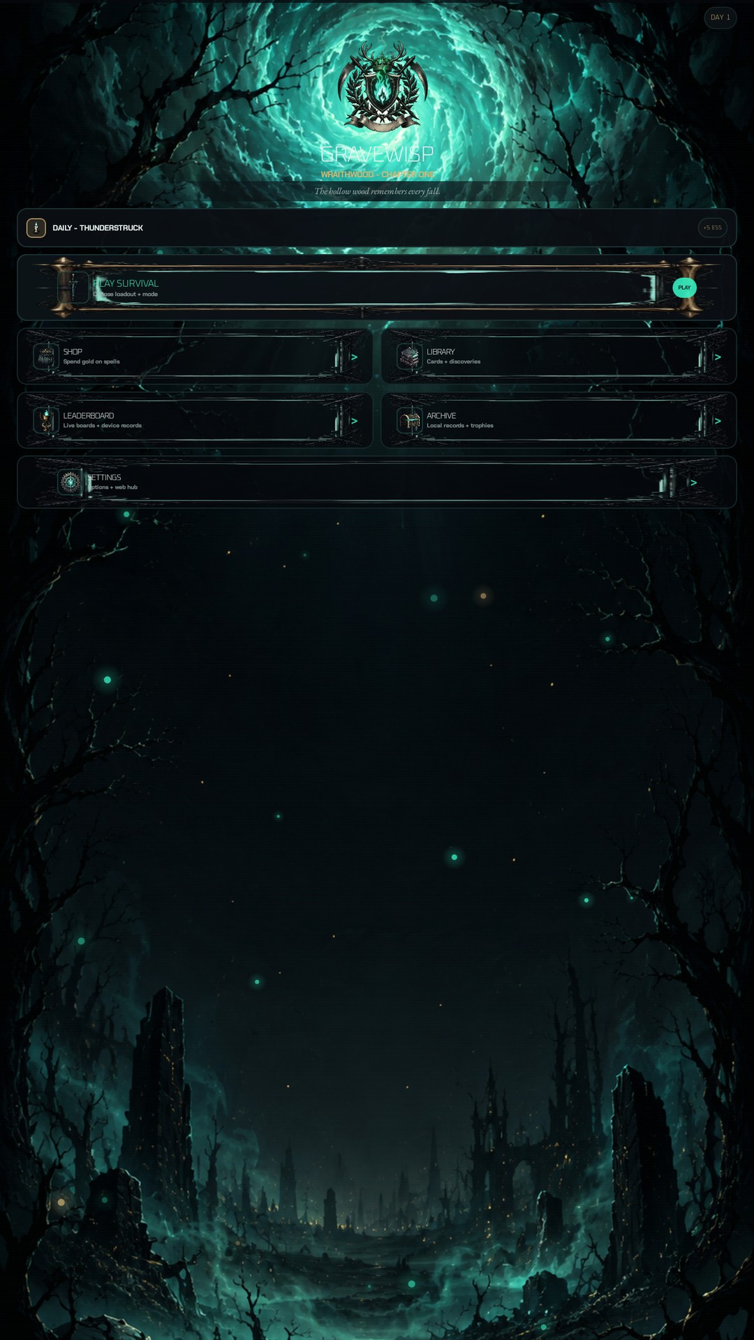 Gravewisp home hub with Play Survival, Shop, Library, and Daily challenge