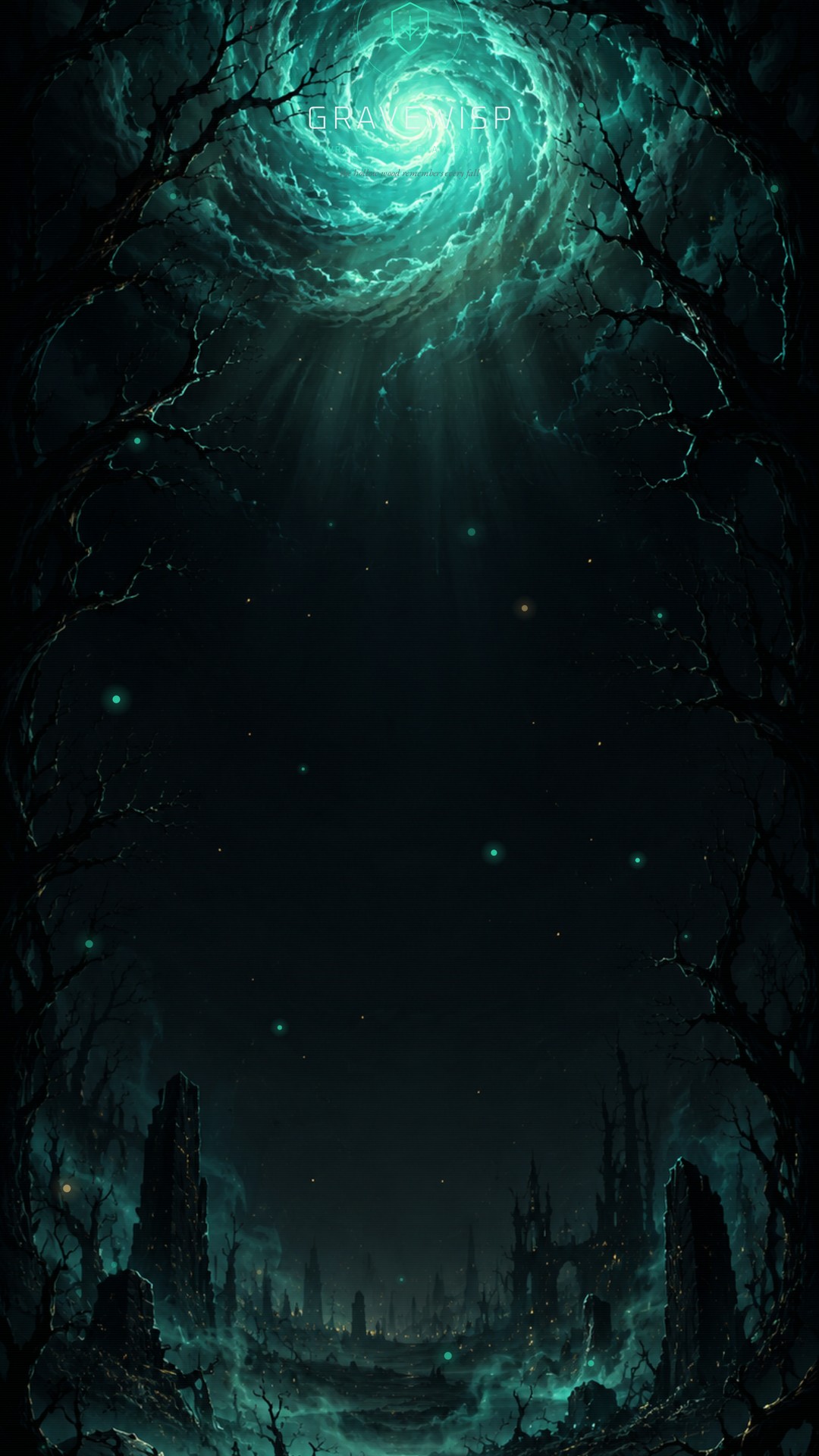 Gravewisp title screen on Pixel — teal portal over the Wraithwood ruins